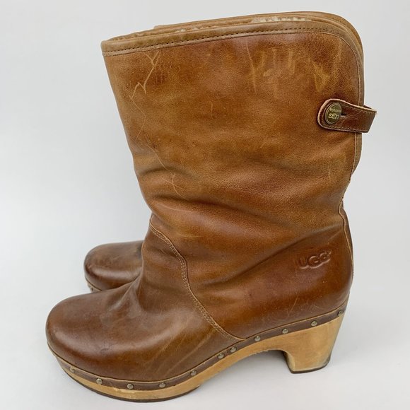 UGG Shoes - Ugg Brown Leather Shearling Wooden Sole Clogs 8